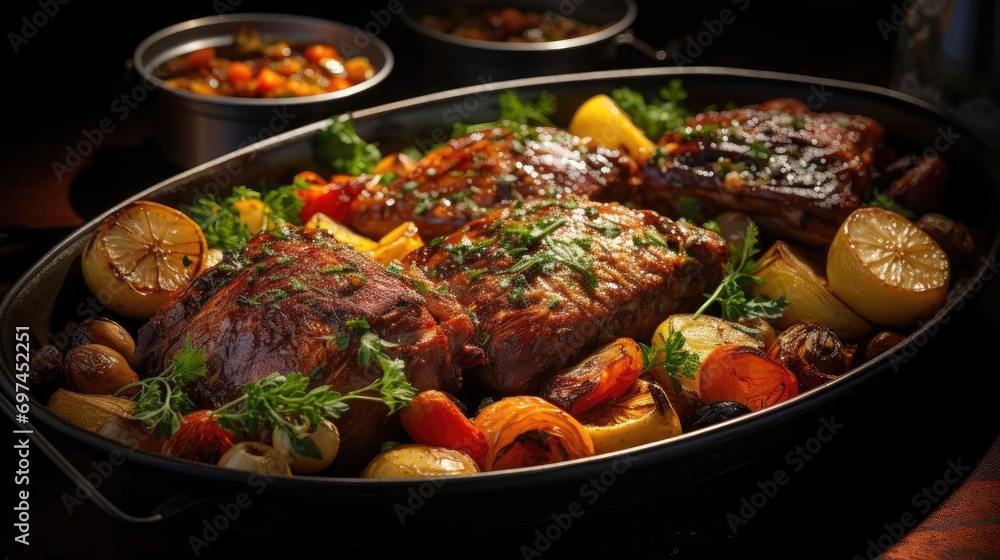 delicious pot roast meat with black and blur background