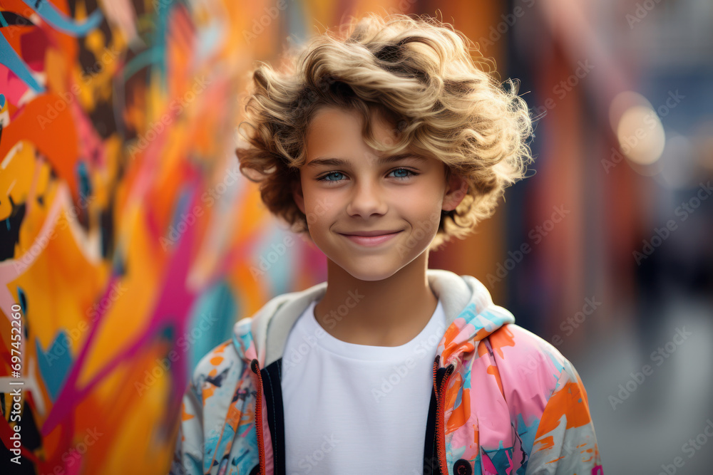 A boy showcasing his artistic talents through vibrant graffiti on a city wall, expressing creativity and urban artistry. Generative Ai. A boy showcasing his artistic talents through vibrant graffiti on a city wall, expressing creativity and urban artistry. Generative Ai.