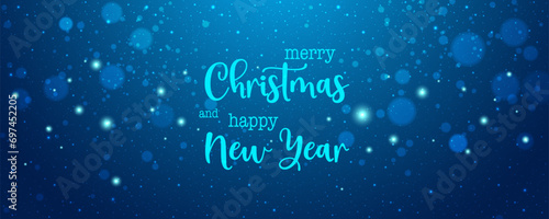 Merry Christmas and Happy New Year text on blue snowy Xmas background with glitter, bokeh. Holiday Xmas card. Vector Illustration