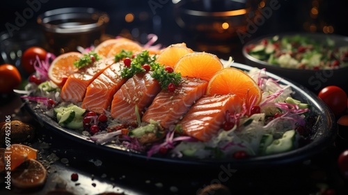 Delicious fresh sashimi on ice with black and blur background