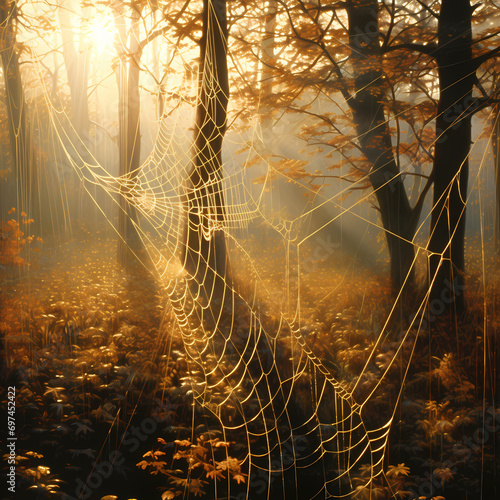 Morning sunlight casting a golden glow on intricately spun spiderwebs.