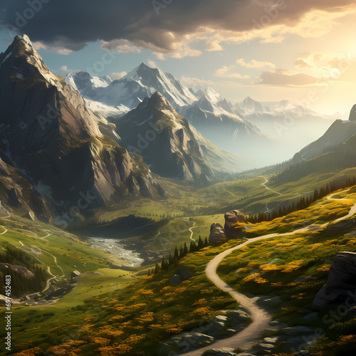 Mountainous landscape with a winding road disappearing into the distance.