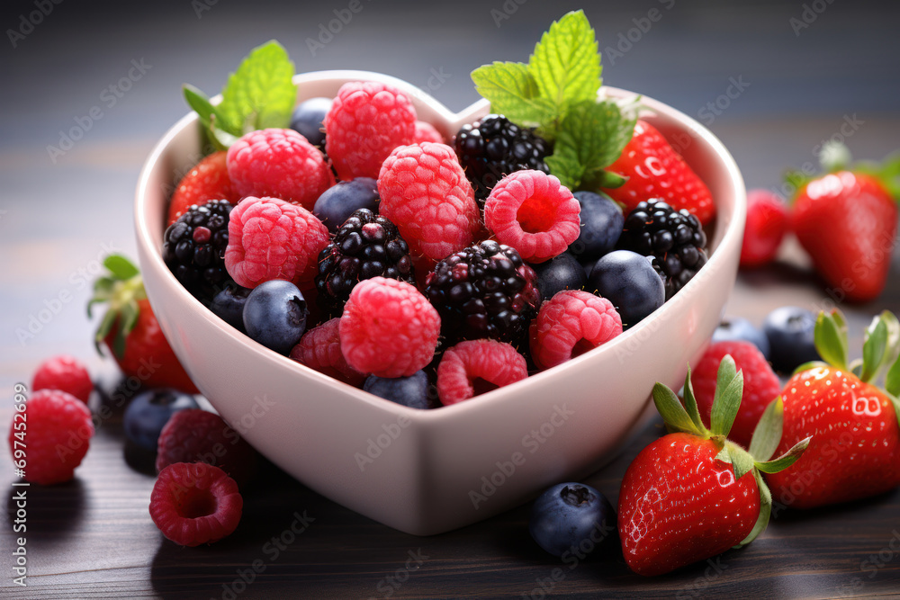 A heart-shaped bowl filled with colorful berries, highlighting the connection between a healthy diet and cardiovascular well-being. Generative Ai. A heart-shaped bowl filled with colorful berries, highlighting the connection between a healthy diet and cardiovascular well-being. Generative Ai.