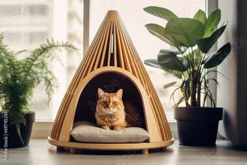 Cat in modern wooden cat house in living room. Light Scandinavian modern interior. Zero waste for animals. Eco friendly animal home. Background for pet shop photo