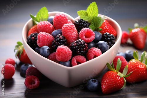 A heart-shaped bowl filled with colorful berries  highlighting the connection between a healthy diet and cardiovascular well-being. Generative Ai.