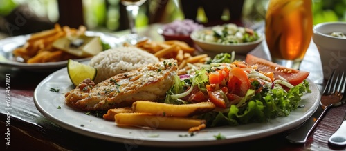 Costa Rican fish plate with salad, rice, bread, and fries. photo