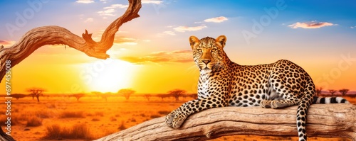Leopard sitting in a tree against orange sunset. Panthera pardus, big spotted wild cat laying on the branch in the nature habitat. Africa, savannah. Wildlife concept