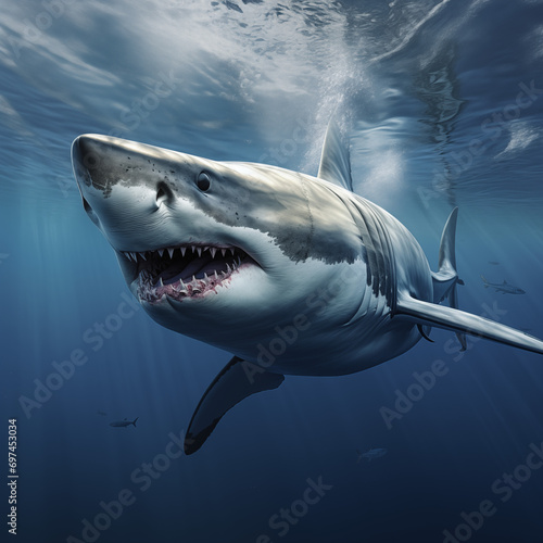 Great White Shark swimming underwater in the ocean showing its teeth
