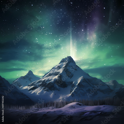 Snow-covered mountain peak under the shimmering northern lights.