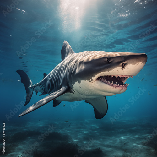 Great White Shark swimming underwater in the ocean showing its teeth