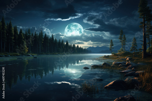 A radiant full moon casting its luminescence over a tranquil lake  creating a peaceful and reflective nocturnal landscape. Generative Ai.