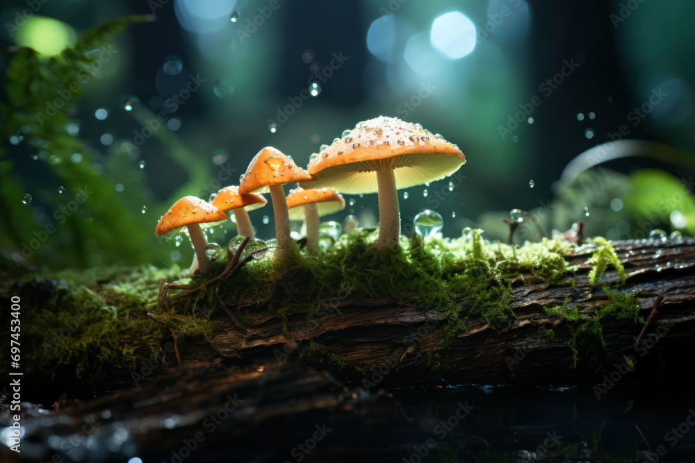 Luminescent fungi on a moss-covered log, showcasing the wonders of ...