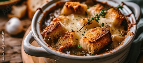 Classic French onion soup topped with cheesy croutons and thyme.