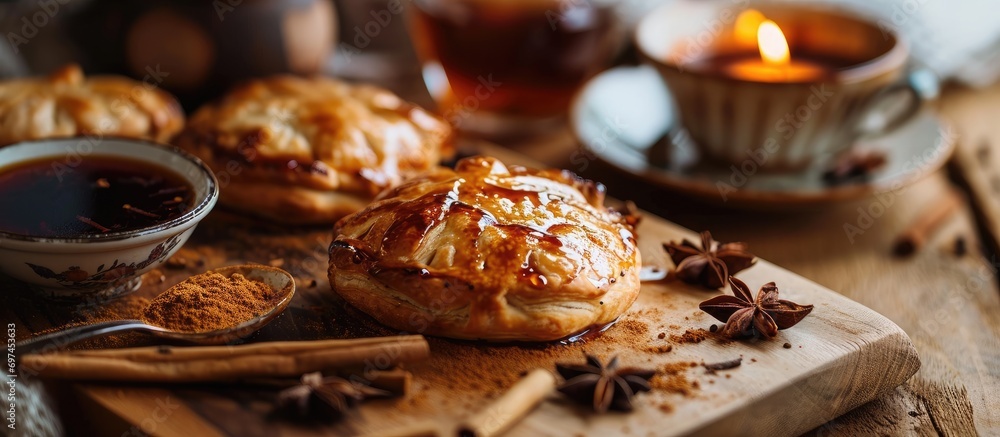 spiced pastry with condiment and warm drink