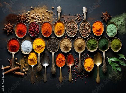 Colorful various Indian herbs and spices on dark background, top view 