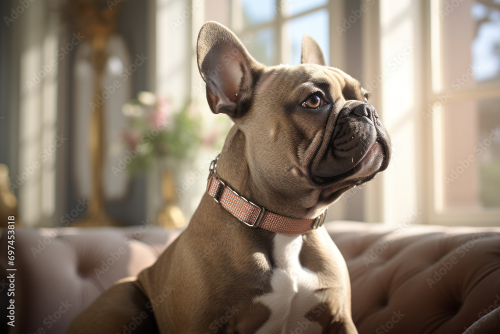 A well-mannered and elegant French Bulldog sitting calmly with a stylish collar, portraying the charm and grace of this popular dog breed. Concept of Frenchie elegance. Generative Ai.