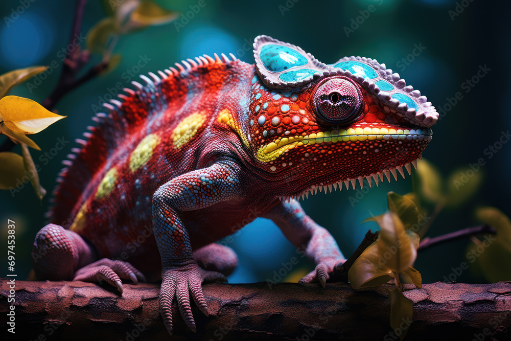 A captivating and mesmerizing chameleon changing colors on a branch, exemplifying the fascinating and unique characteristics of these reptilian companions. Concept of chameleon allure. Generative Ai.