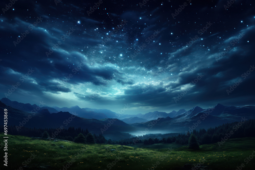 A starry night sky adorned with the gentle glow of the moon, portraying the serene beauty of the nighttime landscape. Concept of celestial calm. Generative Ai.