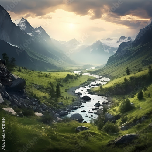 Tranquil river flowing through a valley surrounded by hills.