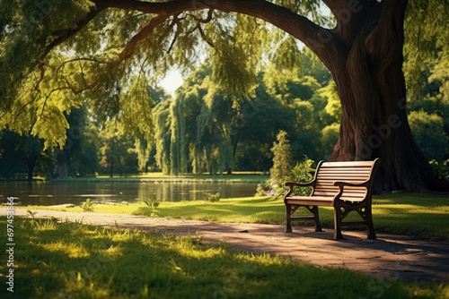 A tranquil park bathed in the soft glow of the afternoon sun, inviting relaxation and contemplation amid nature's beauty. Concept of afternoon tranquility. Generative Ai.