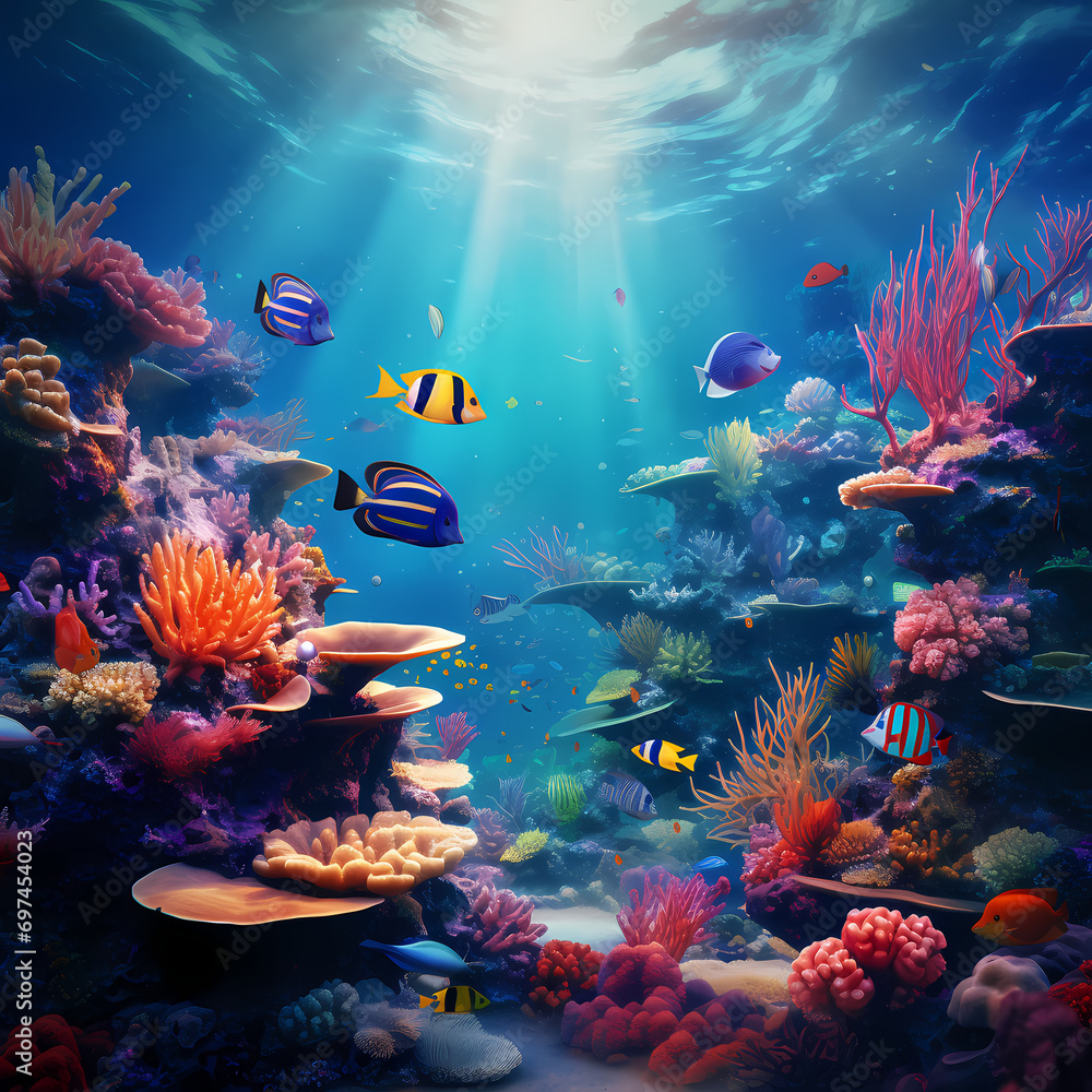 Underwater scene with schools of tropical fish and vibrant coral.