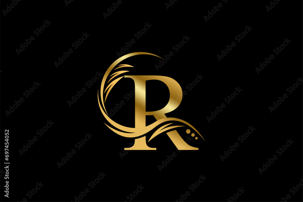 Gold letter R logo design with beautiful leaf, flower and feather ornaments. initial letter R. monogram R flourish. suitable for logos for boutiques, businesses, companies, beauty, offices, spas, etc Gold letter R logo design with beautiful leaf, flower and feather ornaments. initial letter R. monogram R flourish. suitable for logos for boutiques, businesses, companies, beauty, offices, spas, etc