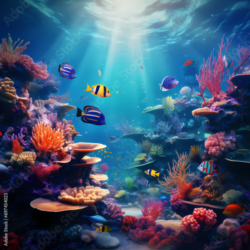 Underwater scene with schools of tropical fish and vibrant coral.