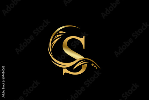 Gold letter S logo design with beautiful leaf, flower and feather ornaments. initial letter S. monogram S flourish. suitable for logos for boutiques, businesses, companies, beauty, offices, spas, etc