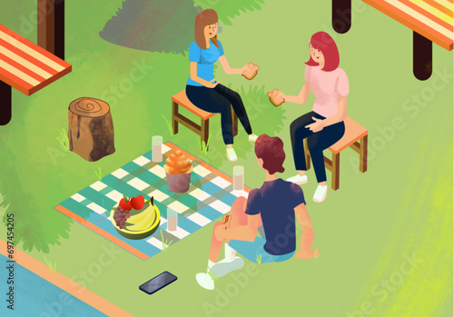 Picnic with friends isometric vector art illustration