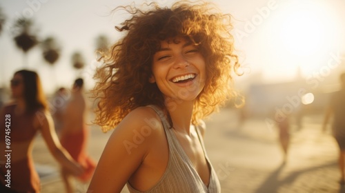 Photorealistic Adult White Woman with Brown Curly Hair Illustration. Happy smiling person dancing on the beach. LA summer style Ai Generated Horizontal Illustration. © Vector Juice
