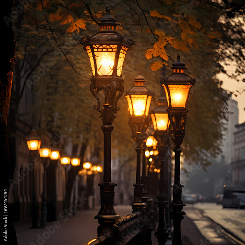 Vintage street lamps casting a warm glow on a quiet city street.