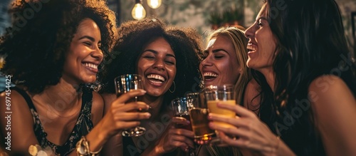Women laughing and bonding in various celebratory venues in New York City, with smiles, happiness, and alcoholic beverages in luxurious settings.