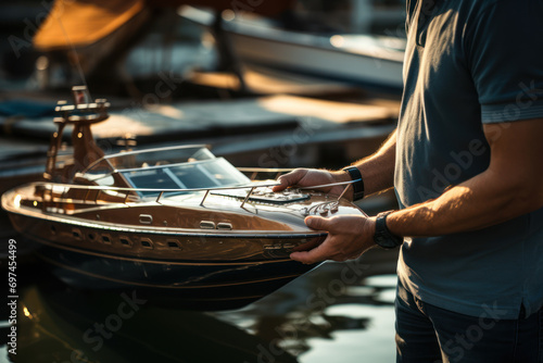 A boat owner acquiring insurance coverage for watercraft, acknowledging the importance of protection against maritime risks. Concept of marine insurance. Generative Ai.