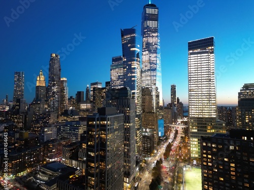 I love NYC. New York City famous top view. Night New York City from above. Night New York panorama, NYC skyline at twilight. New York famous building. Night traffic in NYC. Lower Manhattan.