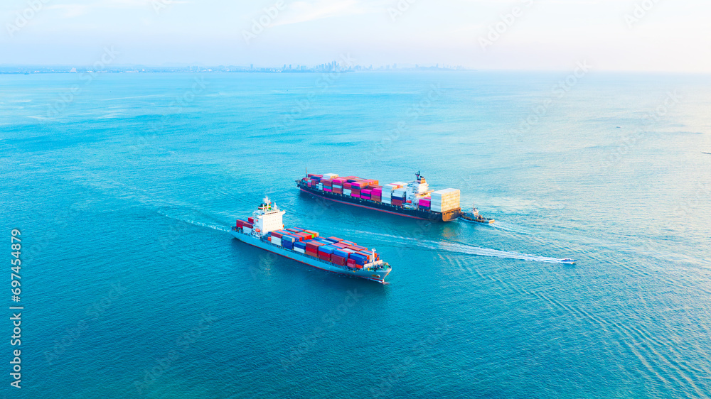 Aerial view of the freight shipping transport system cargo ship container. international transportation Export-import business, logistics, transportation industry concepts - obrazy, fototapety, plakaty 