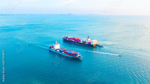 Aerial view of the freight shipping transport system cargo ship container. international transportation Export-import business, logistics, transportation industry concepts photo
