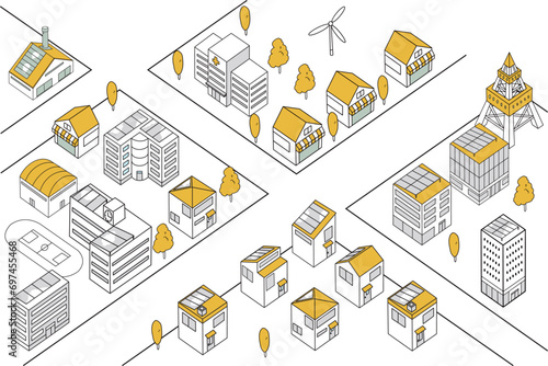 シンプルな街並みの俯瞰イラスト（黄色横長）