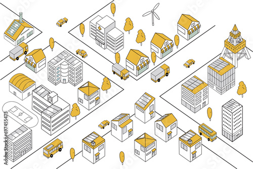 車が走るシンプルな街並みの俯瞰イラスト（黄色横長）