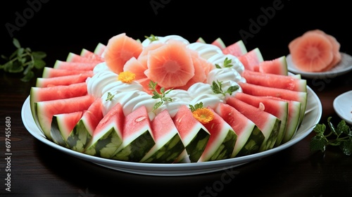 A playful arrangement of sliced watermelon and cantaloupe with a dollop of whipped cream, capturing the essence of summertime joy.