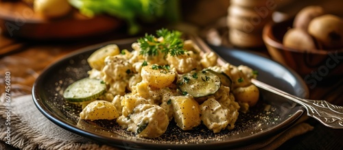 Potato salad with pickles on a dark plate.