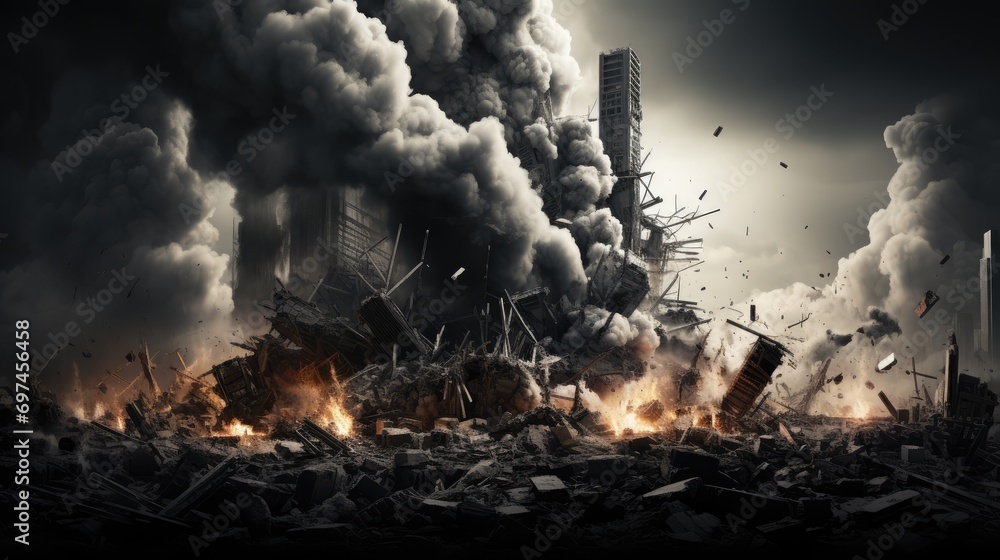 a simulated scenario involving the destruction of skyscrapers in an imitation terrorist attack, depicted in black and white.
