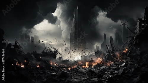 a simulated scenario involving the destruction of skyscrapers in an imitation terrorist attack, depicted in black and white. photo
