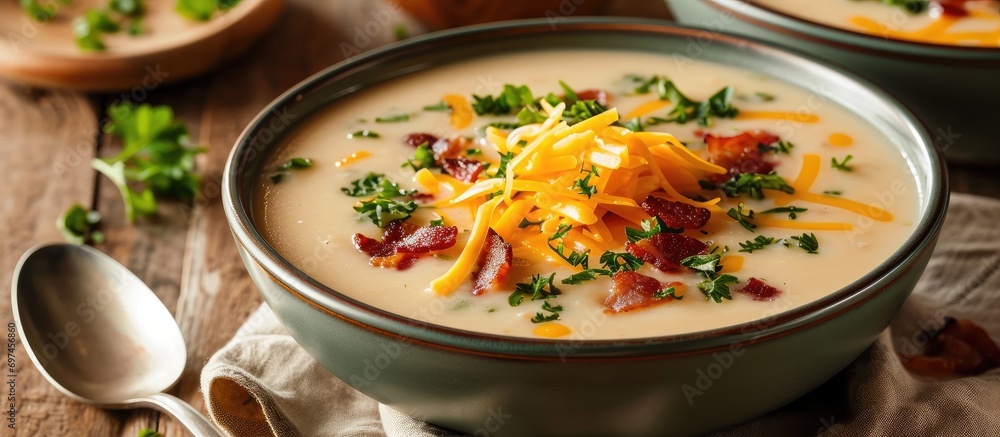 Creamy potato soup with bacon and cheese.