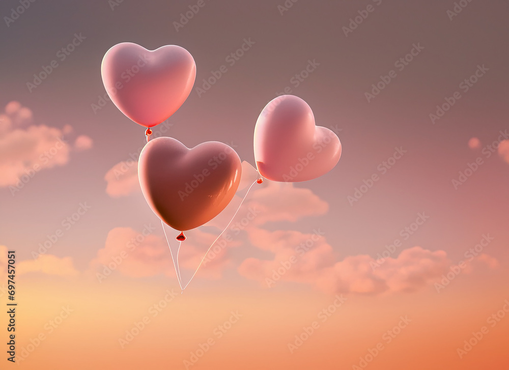 淡いピンクの夕焼け空に浮かぶ3つのハートの優先、恋愛、恋、愛のイメージ