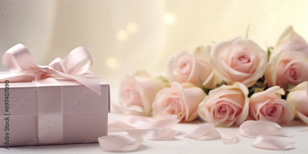 Elegant present gift box with satin ribbon and pastel color fresh roses on table. Greeting card for celebration, birthday, women, mothers, Valentines day Elegant present gift box with satin ribbon and pastel color fresh roses on table. Greeting card for celebration, birthday, women, mothers, Valentines day