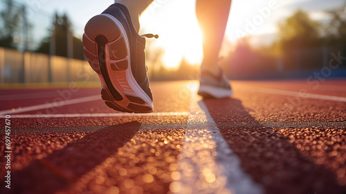 Close-up of Athlete\'s Running Shoes on Track at Sunset