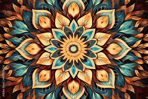 Geometric pattern resembling a mandala formed by interlocking fields of various shapes and colors. Generative AI photo