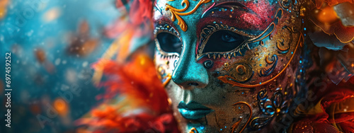 A mysterious Venetian mask adorned with intricate patterns and vivid colors, embodying the spirit of carnival and masquerade. photo