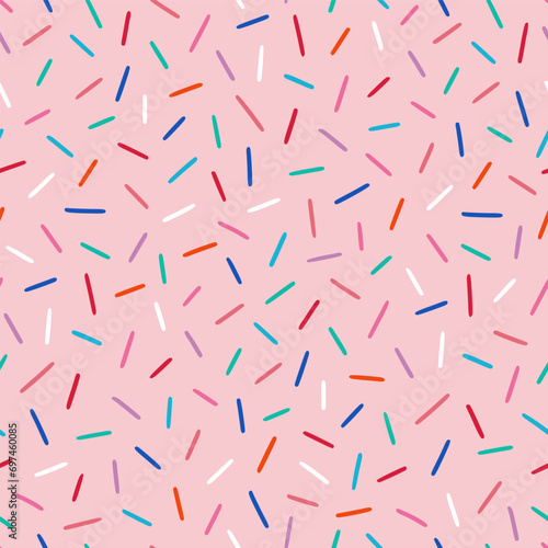 Donut, sweet confetti background. Sweet cake, donut confetti texture, seamless pattern. Colorful candy topping seamless background wallpaper. Vector illustration