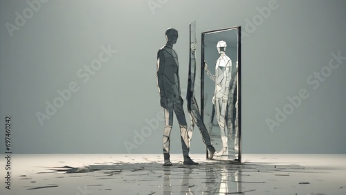 A mirror reflects the image of a person with low selfesteem, but as the mirror cracks and shatters, the persons image transforms into one with a strong Psychology art concept photo